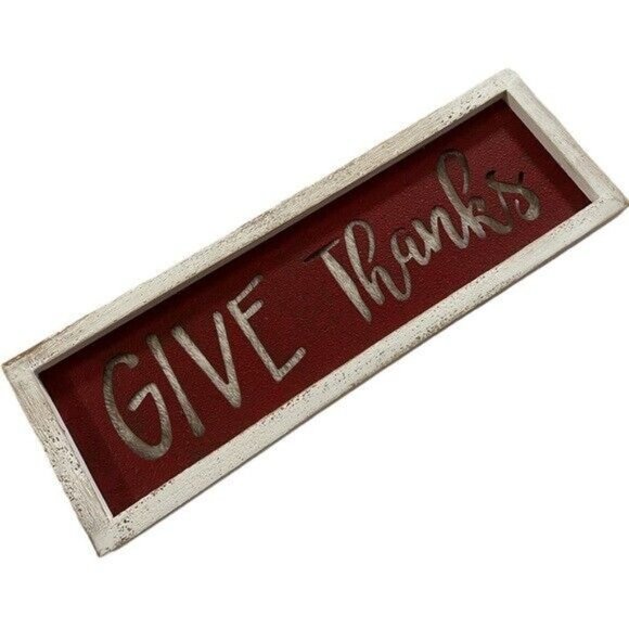Give Thanks Rustic Metal Cut Out Thanksgiving Sign with Wood Frame Primitive - Picture 2 of 8